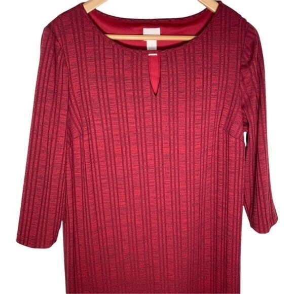 Chicos Red Ribbed Stretch Dress Medium 3/4 Sleeve Work Casual - Picture 2 of 9
